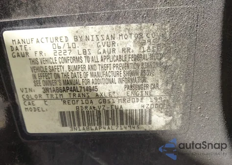 2010 Nissan Sentra 2.0Sl z USA, uszkodzony, nr VIN 3N1AB6AP4AL714945